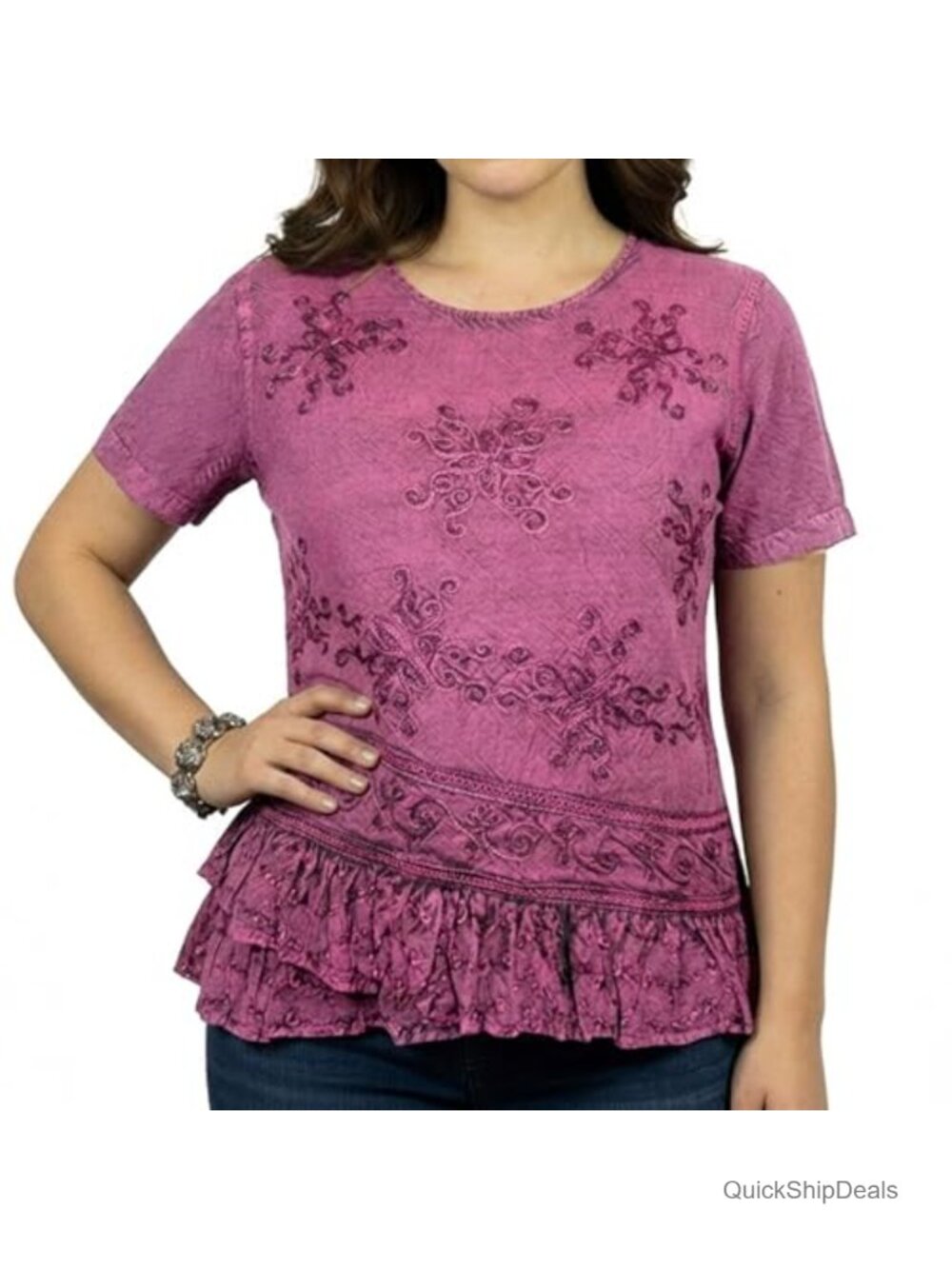 Embroidered Short Sleeve Rayon Blouse Vintage Peasant Top